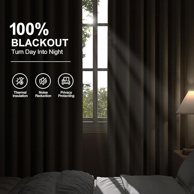 100% Blackout Curtains for Bedroom, Thermal Insulated Curtains 63 Inch Length Curtain 2 Panels, Luxury Soft Farmhouse Linen Textured Full Light Blocking Room Darkening Drapes, W52xL63, Beige