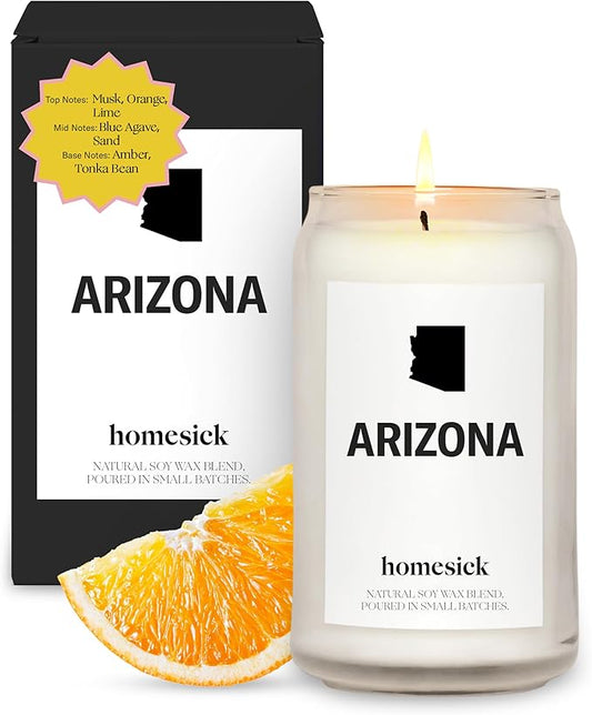 Homesick Scented Candles for Home (Arizona) - 13.75 oz Long-Lasting Soy Wax Jar Candle for Women & Men for All Occasions, 60-80 Hours Burn Time - Notes of Musk, Orange & Lime