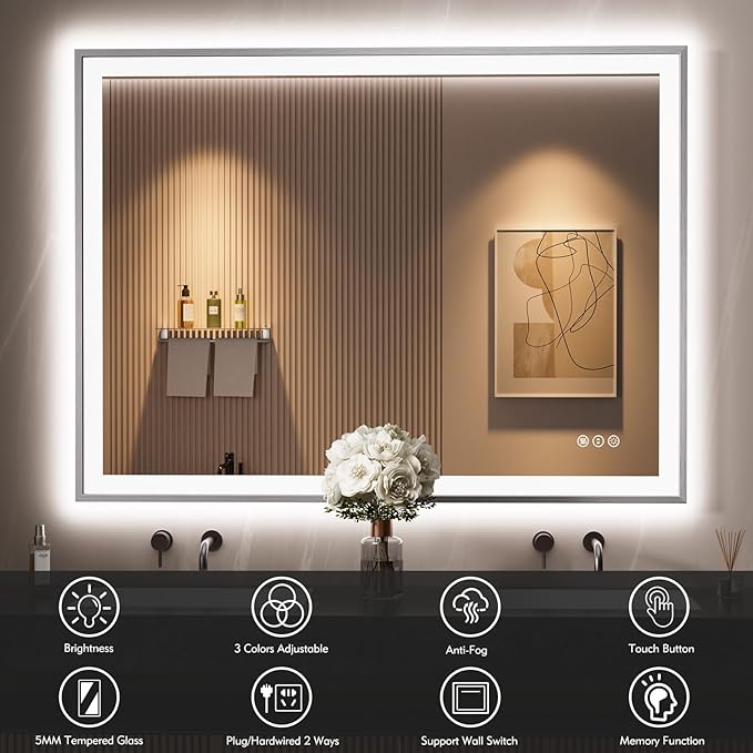48x36 Silver LED Bathroom Mirror, Rectangle Brushed Nickel Lighted Mirror for Wall, Stepless Dimmable Led Vanity Mirror with Front-lit and Backlit, Tempered Glass, Anti-Fog, Memory
