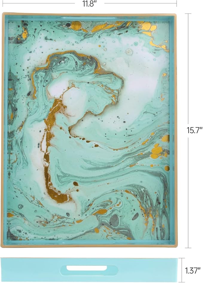 Sturdy Acrylic Serving Tray with Handles-15.7x11.8Inch, Morden Plastic Rectangular Serving Tray for Coffee Table Bathroom, Ottoman, Home Decor (Rectangular - Turquoise)