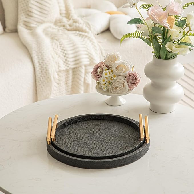 2 Piece Black Round Serving Tray with Handles, Woven-Texture Faux Leather Ottoman Tray for Living Room, Decorative Tray for Coffee Table Home Decor