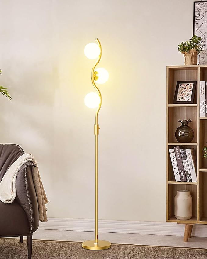 60IN Dimmable Gold Globe Floor Lamp, Modern Standing Lamps with 3 Soft Warm White 3000K Bulbs, Mid Century Floor Lamp for Living Room Bedroom Home Decor