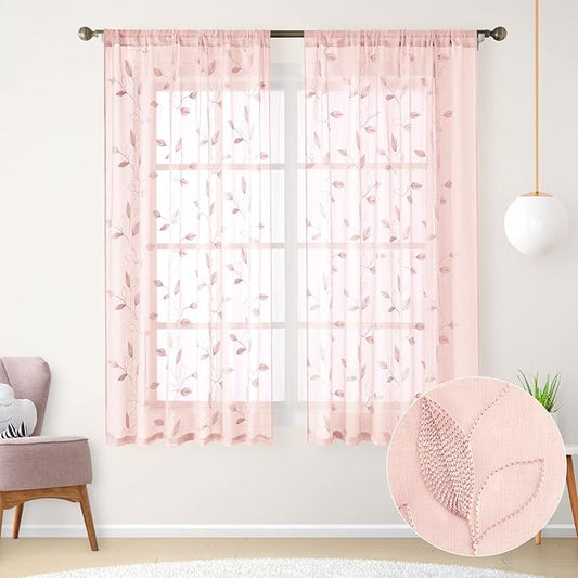 HOMEIDEAS Blush Pink Sheer Curtains 52 X 63 Inches Length 2 Panels Embroidered Leaf Pattern Pocket Faux Linen Floral Semi Sheer Voile Window Drapes for Bedroom Living Room