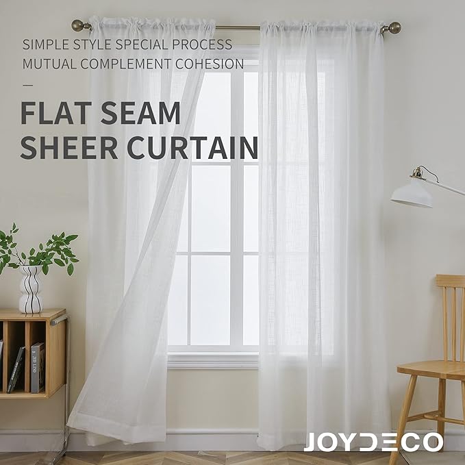 Joydeco White Sheer Curtains 72 Inch Length 2 Panels Set, Rod Pocket Linen Sheer Curtain Drapes, Voile Window Treatments for Bedroom Living Room (54x72 inch，Cross Pattern)