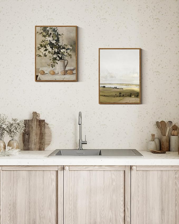 VIYYIEA Vintage Wall Art Kitchen Decor, Flowers and Lemons Pictures Painting Botanical Art, 12x16 in,Framed Canvas Prints Artwork, Earthy Farmhouse Decor for Dining Room Bathroom