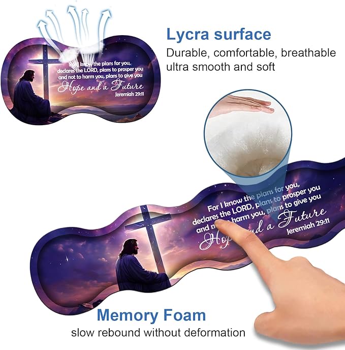 Ergonomic Memory Foam Mouse Pad Wrist Rest Set,Large Gaming Desk Pad + Keyboard Wrist Rest + Mouse Wrist Cushion + Coaster for Home Office Study Gaming,Christian Cross Quote Bible Verse Jeremiah 29:11