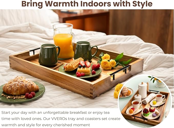 Acacia Wooden Ottoman Tray for Living Room & 6 Coasters Set – 21" Large Coffee Table Serving Tray with Handles, Perfect for Food, Drinks, Kitchen, and Home Decor