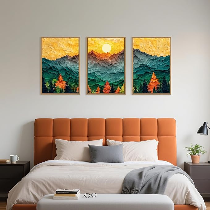 Abstract Mountain Framed Canvas Wall Art Set, Forest Pine Tree Golden Sunset Wall Decor, Mixed Patchwork Landscape Art Print for Living Room, Bedroom, Dining Room, Office - 24"x36"x3
