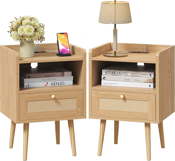 Night stand Set of 2, Bedside Tables with Charging Station, Rattan End Tables, Boho Bed Side Tables, Wood Nightstands set of 2 for Kids' Room Farmhouse Bedroom Living Room Dorm Sofa Couch (Natural)
