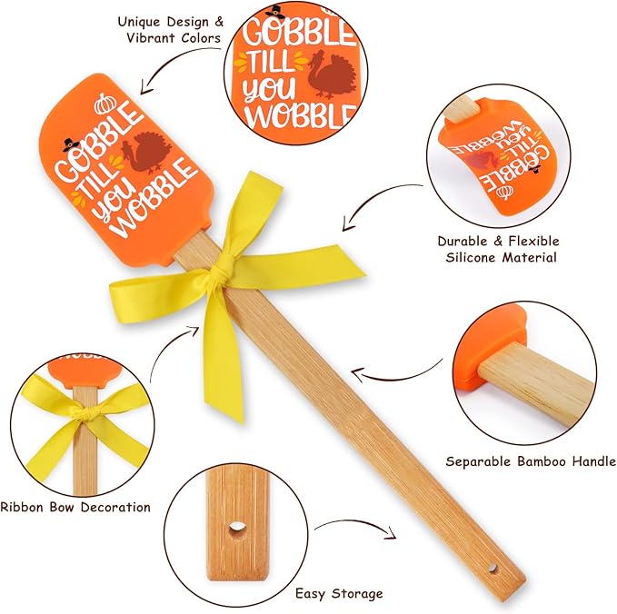 Thanksgiving Silicone Spatula Set Heat Resistant Home Kitchen Baking Decor Gift for Mom Food Grade Idea Birthday Housewarming Wedding Party with Wooden Handle and Colorful Ribbon Bows Mixing Cooking