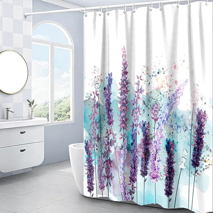 Domoku Lavender Shower Curtain Watercolor Floral Shower Curtain Spring Plant Home Bathroom Bathroom Curtains Set Waterproof Fabric with 12 Hooks (72 * 72inch/180cm*180cm)