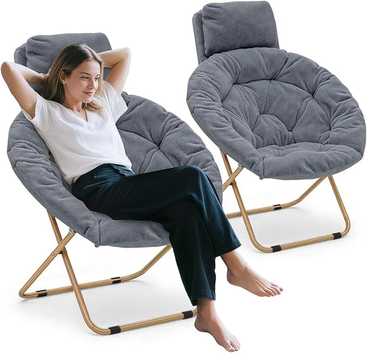 Athena Collection Comfy Saucer Chair with Headrest Oversize Round Cozy Chair Folding Chair Faux Fur Metal Frame Foldable Reading Chair Accent Chair for Bedroom Living Room Set of 2, Grey