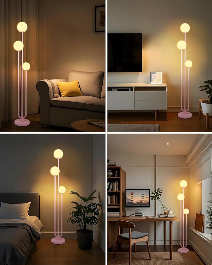 Lightdot 63IN Pink Floor Lamp Mid Century Modern Floor Lamp with 3 Globe Soft Warm White 3000K Bulbs, 3 Lights U-Style Standing Lamp for Wedding Party/Living Room/Bedroom