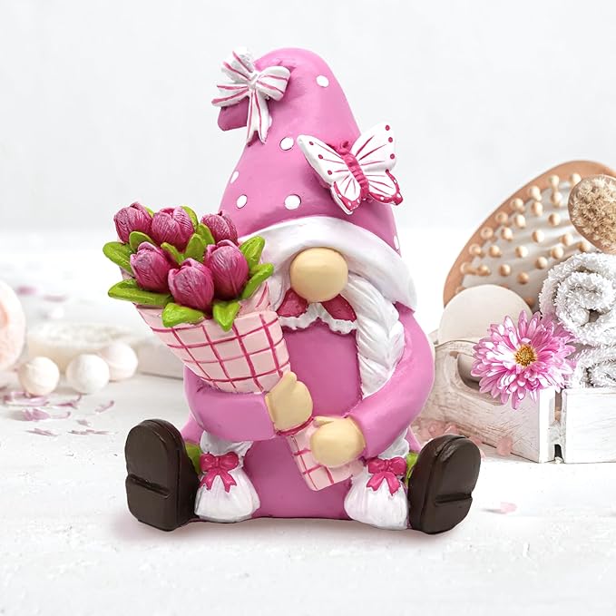 Spring Pink Gnome Figurine Decor- 5.7'' Waterproof Resin Summer Fairy Garden Statue Fall Decorations for Home - Summer & Retirement Gift for Women