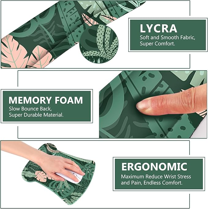 AIMSA Wrist Rest Support Mouse Pad Ergonomic, Memory Foam Keyboard Wrist Rest Set Non-Slip Easy Typing and Relieve Wrist Pain Mouse Mat for Computer Office - Pink Green Leaves