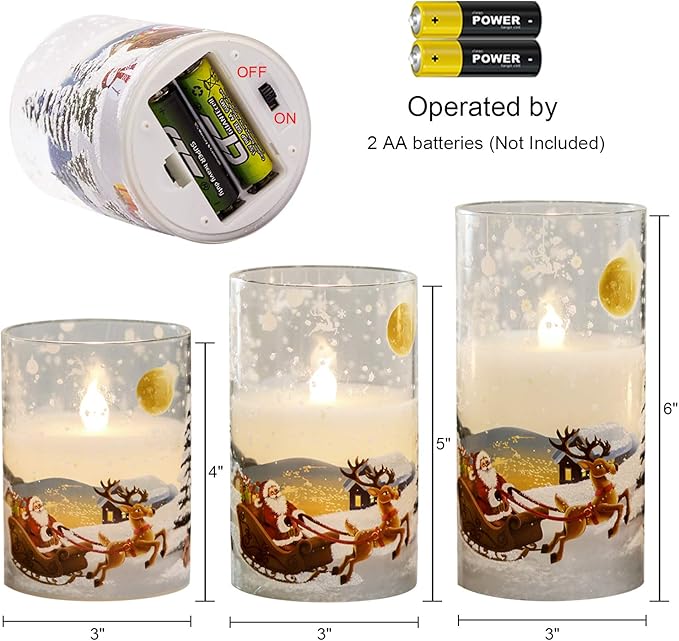 DRomance Santa Claus Glass Flameless Candles Battery Operated Remote and Timer Real Wax LED Flickering Pillar Candles White Cold Light Window Christmas Holiday Decor D3 x H4, 5", 6"
