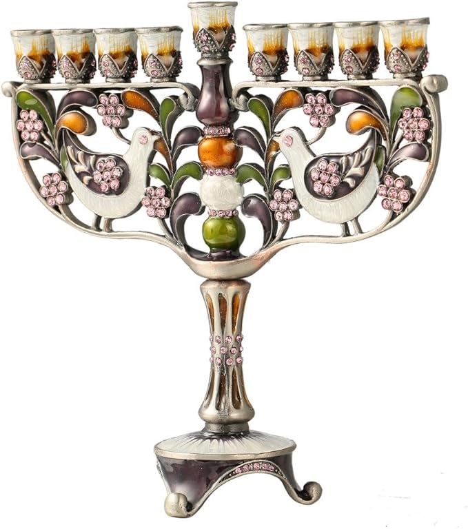 Matashi Hand Painted Enamel Menorah Candelabra with a Doves and Flower Design and Embellished with Gold Accents Crystals, for Hanukkah