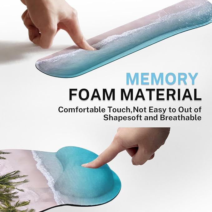 Britimes Blue Ocean Mouse Pad 3pcs Set with Wrist Support Non-Slip Rubber Base Ergonomic Pad,Summer Beach Mouse Wrist Cushion Support and Coasters for Home Office Gaming Easy Typing & Pain Relief