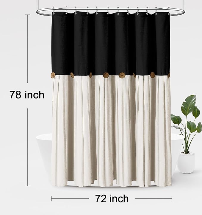 Awellife Farmhouse Cream Shower Curtain Button Linen Textured Woven Fabric,Country Style (Black & Cream, 72" W x 78" L)