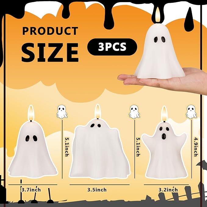 Halloween Flameless Candles with Remote, Real Wax Ghost LED Candles, Flickering Battery Operated Fake Candle, Halloween Decorations for Table,Fireplace, Home, Party, Festival Decor (Set of 3)