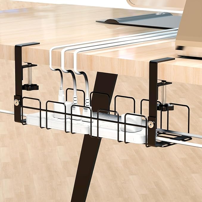 Under Desk Cable Management Tray,15.7” No Drill Cord Organizer with Clamps for Wire Management,4MM Under Desk Cable Management Tray for Home Office,Metal