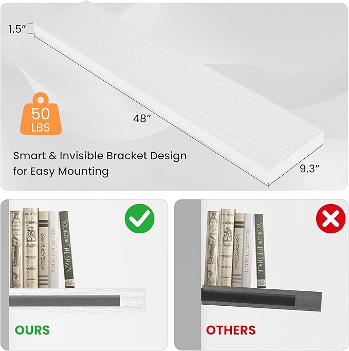 Floating Shelves for Wall,48" W x 9.3" D x 1.5" H, Wooden Wall Mounted Display Shelves with Invisible Brackets for Living Room, Bedroom, Bathroom, Kitchen Decor and Storage, Set of 1, White