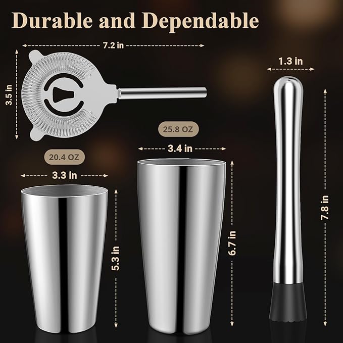 Cocktail Shaker, 4-Piece Pro Stainless Steel Bar Set, Mixed Drink Shaker, Cocktail Tin for Bartending
