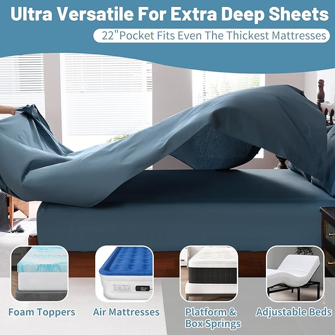 Extra Deep Pocket King Sheets 18-24 Inch 100% Egyptian Cotton 1000 Thread Count Sateen Weave Soft Breathable 4 Pieces（King，Dusty Blue）