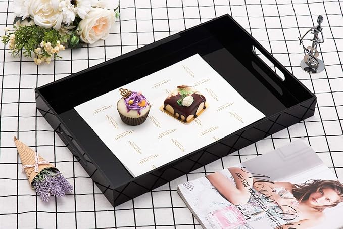 Glossy Black Sturdy Acrylic Serving Tray with Handles-12x16Inch-Serving Coffee,Appetizer,Breakfast,Butler-Kitchen Countertop Tray-Makeup Drawer Organizer-Vanity Table,Ottoman Trays-DecorativeTray