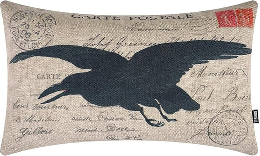 TRENDIN Crow 12x20 Pillow Cover for Couch Halloween Decor Lumbar Linen Cushion Case Sofa Home Fall Decorations Vintage PL1073TR