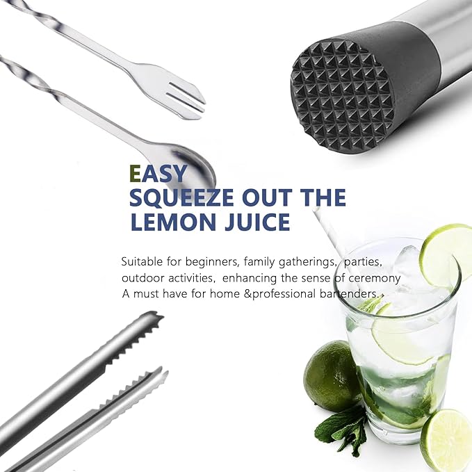 Muddler for Cocktails,10" Bar Spoon & Ice Tongs with Serrated Tip, 3Pcs Stainless Steel Bar Tools Set for Mojitos, Lemonade, Fruit Drinks, Home Party Bar Accessories