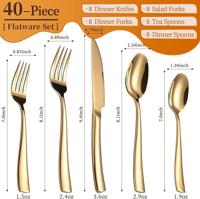 40-Piece Gold Silverware Set, Heavy Duty Stainless Steel Flatware Cutlery Set Service for 8, Food-Grade Utensil Sets for Home Restaurant, Dishwasher Safe