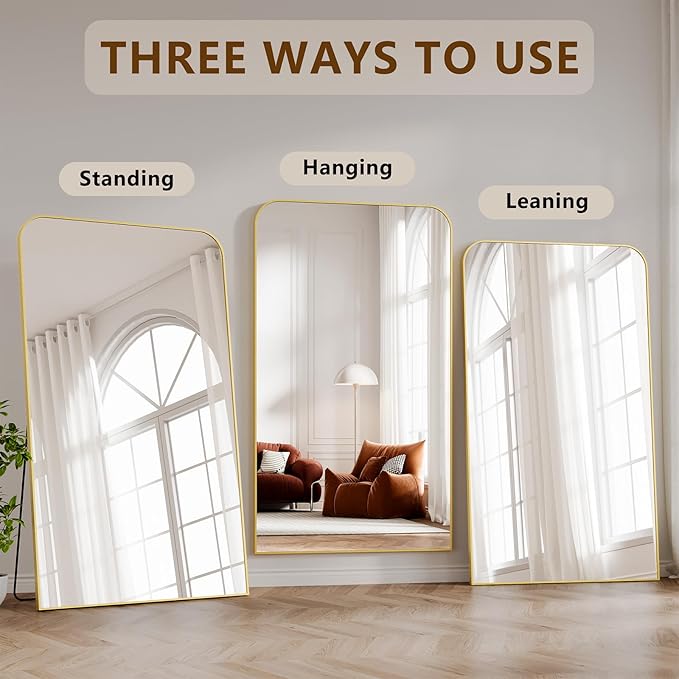 Koonmi Full Length Mirror, 81"x41" Mirror Full Length with Stand, Gold Domed Top Square-Edged Floor Mirror with Aluminum Alloy Frame for Bedroom Living Room