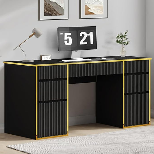 58 Inch Computer Desk with Drawers, Home Office Desk with File Drawers, Fluted Executive Desk with Storage for Study Writing, Living Room, Bedroom, Black and Gold