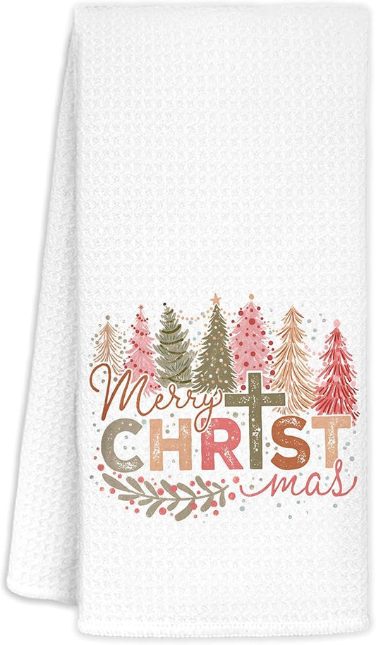 Christian Christmas Kitchen Towels, Retro Christmas Tree Cross Decorative Hand Towels for Bathroom, Christmas Dish Towels for Kitchen, Christian Christmas Kitchen Bathroom Decor, 16x24 Inches