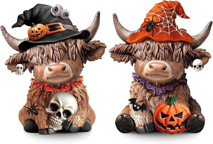 Karenhi 2 Pcs Highland Cow Figurines Halloween Pumpkin Skull Spider Highland Cow Gnomes Scottish Resin Statue Calf Lovers Gifts for Halloween Home Garden Kitchen Office Tiered Tray Table Decor