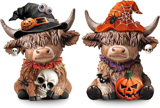 Karenhi 2 Pcs Highland Cow Figurines Halloween Pumpkin Skull Spider Highland Cow Gnomes Scottish Resin Statue Calf Lovers Gifts for Halloween Home Garden Kitchen Office Tiered Tray Table Decor