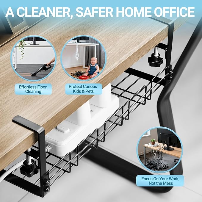 Under Desk Cable Management Tray, 15.7'' Metal Wire Organizer with Clamp, No Drill Desk Cord Rack for Cable Management, Computer Wire Organizer for Office and Home – Sturdy & Scratch-Free
