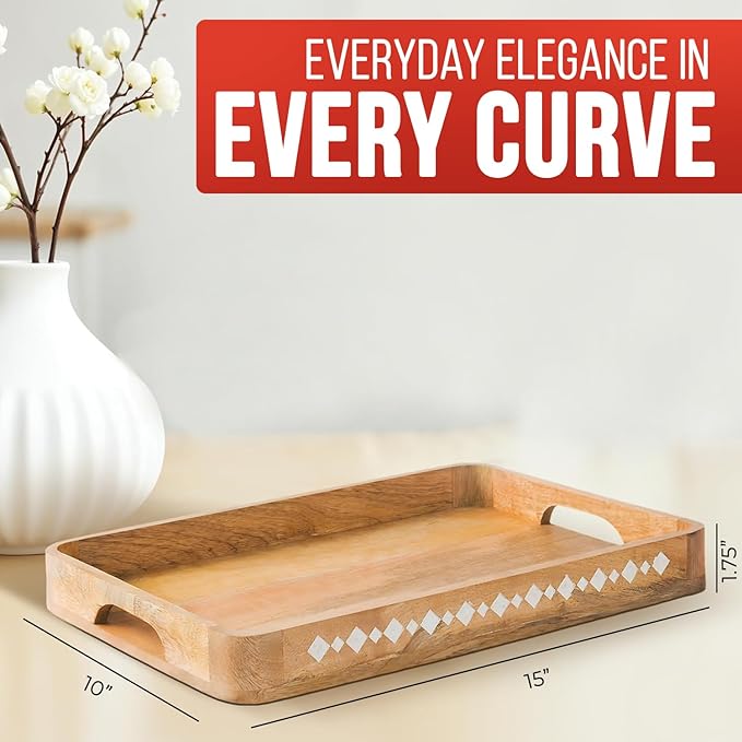 Mela Artisans Wooden Serving Tray with Handles | 15x10x1.75 inch | Mango Wood Decorative Tray | Ottoman Tray | Snacks | Desserts | Breads | Coffee Table | Bedroom | Rounded Edge Design