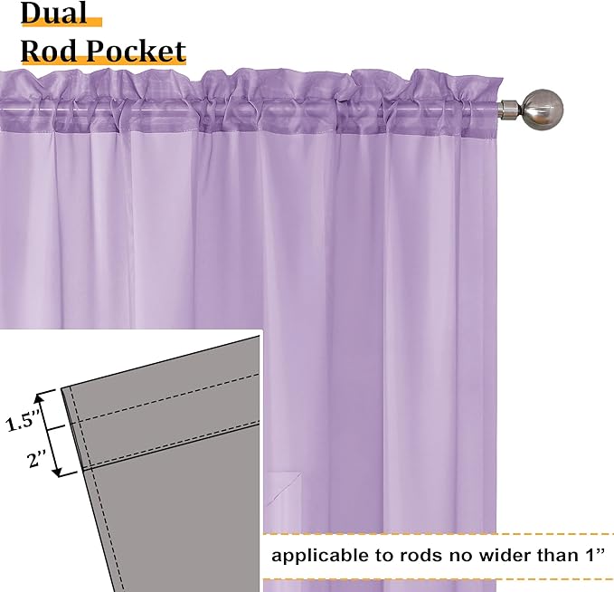 Aiyufeng Light Purple Sheer Curtain Panels Pair Sold 63 Inch Length, Light Filtering Window Curtain Drapes Treatment for Kitchen, Bedroom/Children Room, Voile Top Dual Rod Pocket, 2 Pack of 42 x 63"