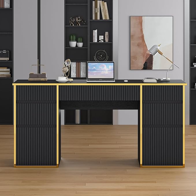 58 Inch Computer Desk with Drawers, Home Office Desk with File Drawers, Fluted Executive Desk with Storage for Study Writing, Living Room, Bedroom, Black and Gold