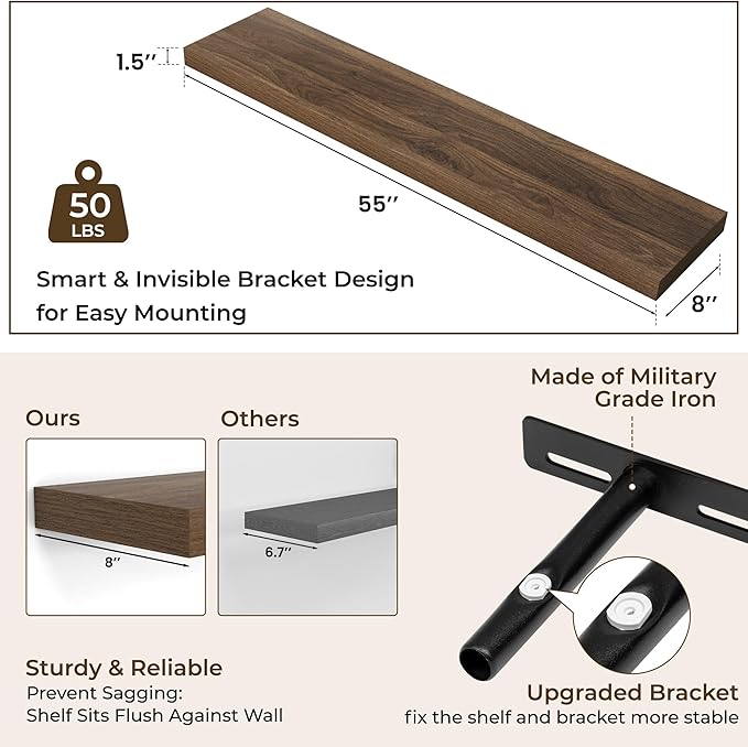 RICHFOCUS 55Inch Floating Shelves for Wall 1 Pack Shelves for Bedroom|Kitchen|Bathroom Wall Mounted Rustic Wood Floating Shelf with Invisible Brackets for Books|Storage|Decor, Walnut