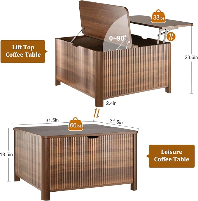 LYNCOHOME Fluted Lift Top Coffee Table with Storage, Square Coffee Tables for Living Room, Coffee Table with Large Hidden Storage Compartment and Adjustable Shelves，Walnut