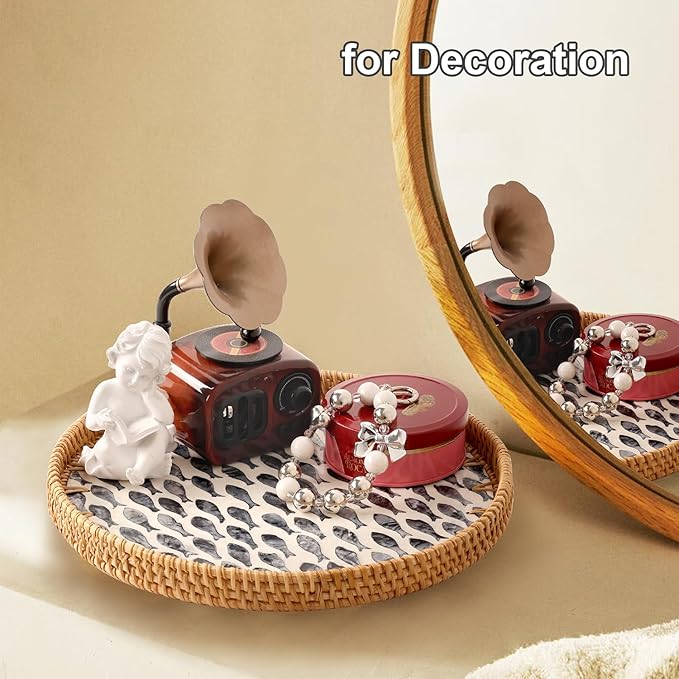 Round Rattan Tray with Mother of Pearl Inlay, Rattan Serving Tray for Coffee, Bread, Fruits, Decorative Wicker Tray for Table Decor, Home Decor, Kitchen Island Decor (Dark Blue Fish, 11.8")