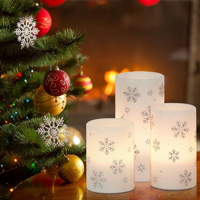 DRomance Silver Snowflake Flameless Flickering Candles Battery Operated with 6H Timer, 3 Pack Real Wax Warm Light LED Pillar Candles Dinner Tabletop Holiday Centerpiece Decor 3" x 6"