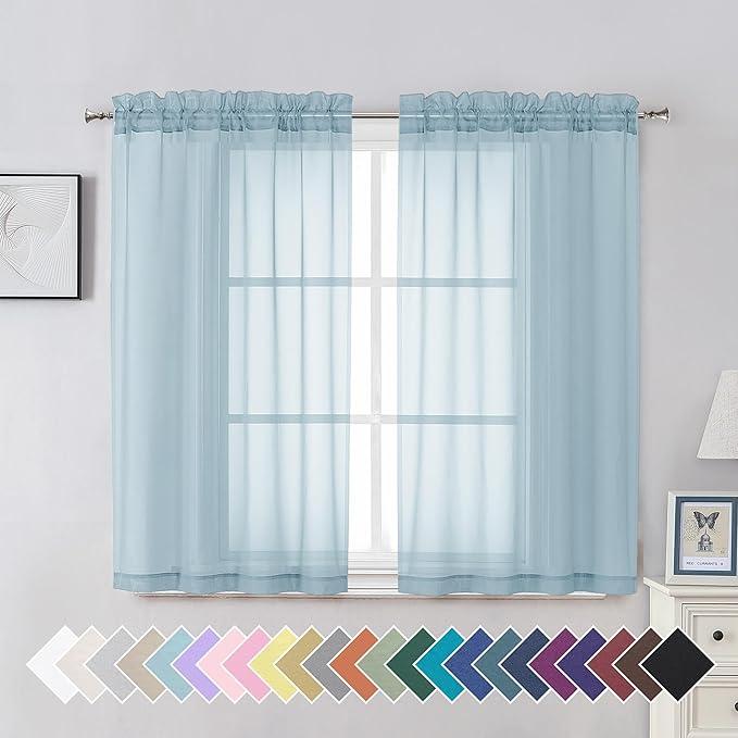 Aiyufeng 2 Pack: Basic Sky Blue Sheer Curtain Drapes 45 Inch Length 2 Panels for Living Room, Light Filtering Voile Drapes for Bedroom, Patio, Sliding Door, Each 42" W x 45" L