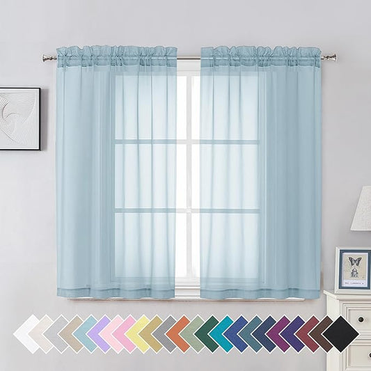 Aiyufeng 2 Pack: Basic Sky Blue Sheer Curtain Drapes 45 Inch Length 2 Panels for Living Room, Light Filtering Voile Drapes for Bedroom, Patio, Sliding Door, Each 42" W x 45" L