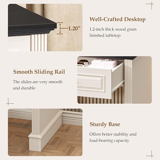 Farmhouse Executive Desk 48 Inch Computer Desk with 2 Drawers Simple Home Office Writing Desk Workstation for Bedroom Study Small Spaces, White and Black