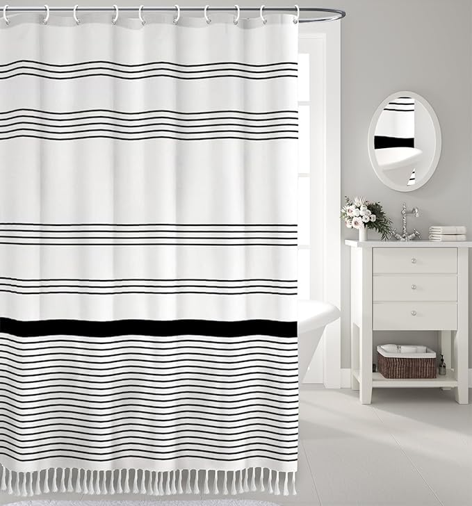 Awellife Black and White Boho Shower Curtain for Bathroom Stripe Tassel Shower Curtain Farmhouse Cotton 96" L x 72" W