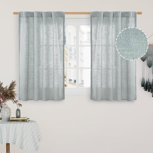 LAMIT Short Linen Curtains 40 Inch Length, Semi Sheer Light Filtering Panels Back Tab and Rod Pocket Neutral Drapes for Basement/Window/Loft Room, Greyish Blue, 34 x 40 Inch, 2 Panels